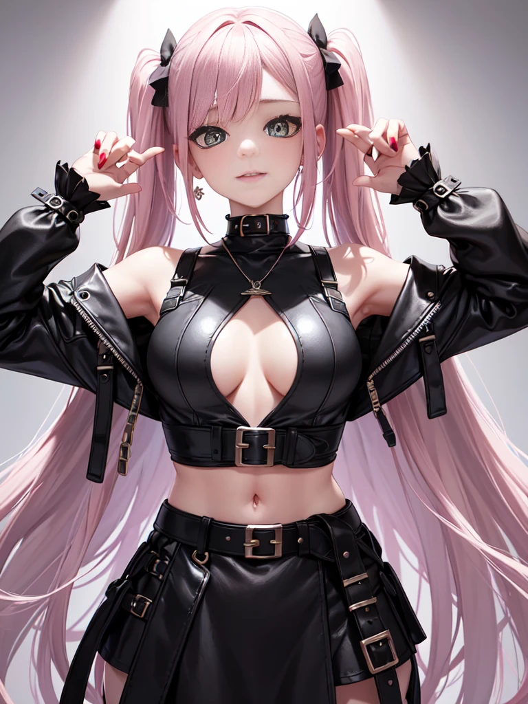 (all intricate details, 1 girl view, Zenless Zone Zero style, Nicole Demara):"Create a highly detailed character design featuring a young, vibrant girl with long, wavy pastel pink hair that reaches her waist. The hair is divided into two large sections tied with shiny black bows at the top of her head. Loose strands form wide, soft waves that frame her face and shoulders. A few small loose strands fall near her face, with a pair of black hairpins on the left side. Her face is youthful and lively, with a playful smile and a wink in her left eye. She has large, vibrant green eyes with a bright, enthusiastic sparkle and long, well-defined eyelashes. She wears small yellow earrings and a necklace with a heart-shaped pendant resting at the base of her collarbone. She is dressed in a short black jacket that leaves her shoulders bare, adorned with metallic details such as buckles and buttons, and white cuffs. Underneath, she wears a white crop top that ends just above her navel, featuring a black graphic design. Her outfit includes multiple belts and straps around her waist, some connected to her lower clothing, with metallic buckles. The character exudes a punk-rebellious style with kawaii touches, set in a futuristic or urban fantasy world. The background should be neutral or slightly futuristic to highlight the character."