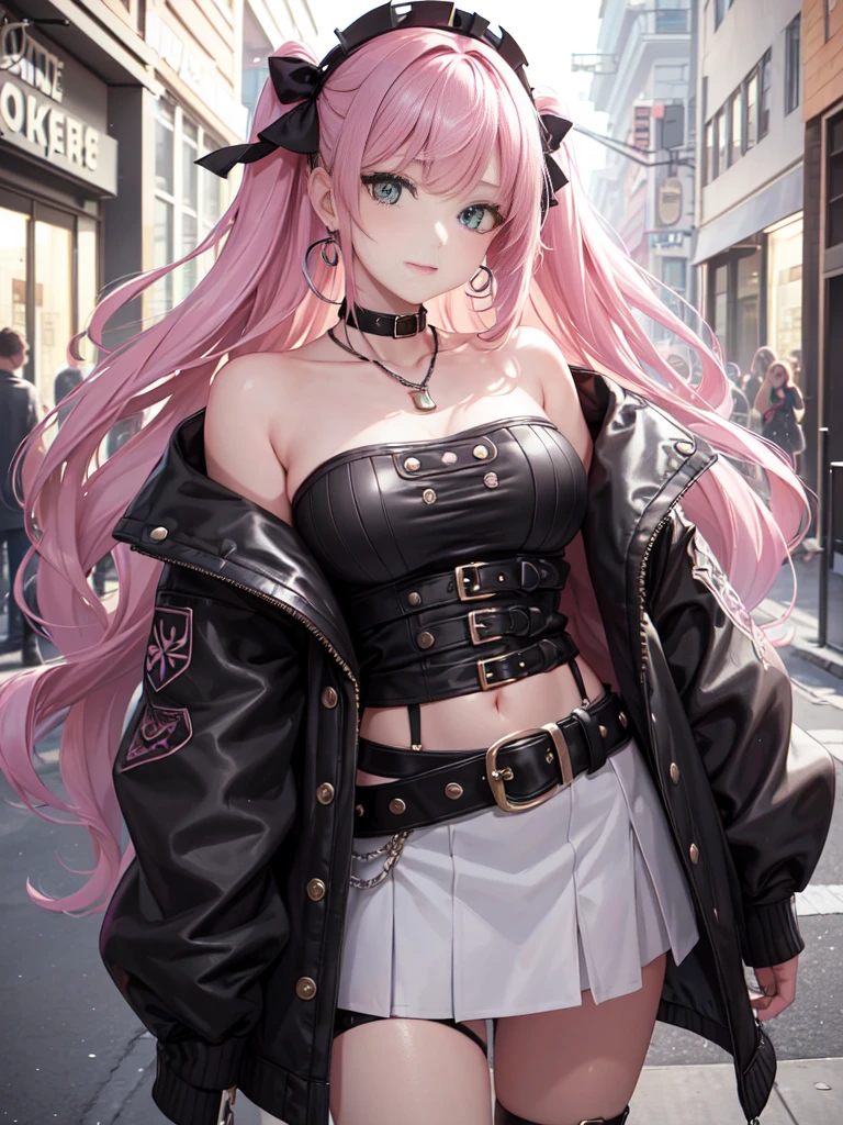 (all intricate details, 1 girl view, Zenless Zone Zero style, Nicole Demara):"Create a highly detailed character design featuring a young, vibrant girl with long, wavy pastel pink hair that reaches her waist. The hair is divided into two large sections tied with shiny black bows at the top of her head. Loose strands form wide, soft waves that frame her face and shoulders. A few small loose strands fall near her face, with a pair of black hairpins on the left side. Her face is youthful and lively, with a playful smile and a wink in her left eye. She has large, vibrant green eyes with a bright, enthusiastic sparkle and long, well-defined eyelashes. She wears small yellow earrings and a necklace with a heart-shaped pendant resting at the base of her collarbone. She is dressed in a short black jacket that leaves her shoulders bare, adorned with metallic details such as buckles and buttons, and white cuffs. Underneath, she wears a white crop top that ends just above her navel, featuring a black graphic design. Her outfit includes multiple belts and straps around her waist, some connected to her lower clothing, with metallic buckles. The character exudes a punk-rebellious style with kawaii touches, set in a futuristic or urban fantasy world. The background should be neutral or slightly futuristic to highlight the character."
