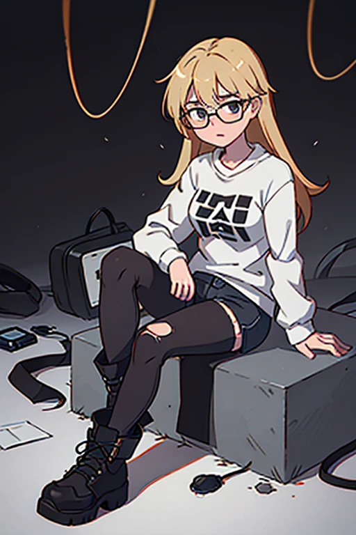 Slender girl, lowrise, skin fair, slickedback hair, 小柄, blonde, glasses, breasts small, anxious, black rock band sweatshirt, shrunken, Pale, big dark circles, Black denim shorts, combat boots, ripped pantyhose, sitting in a dark and messy room.