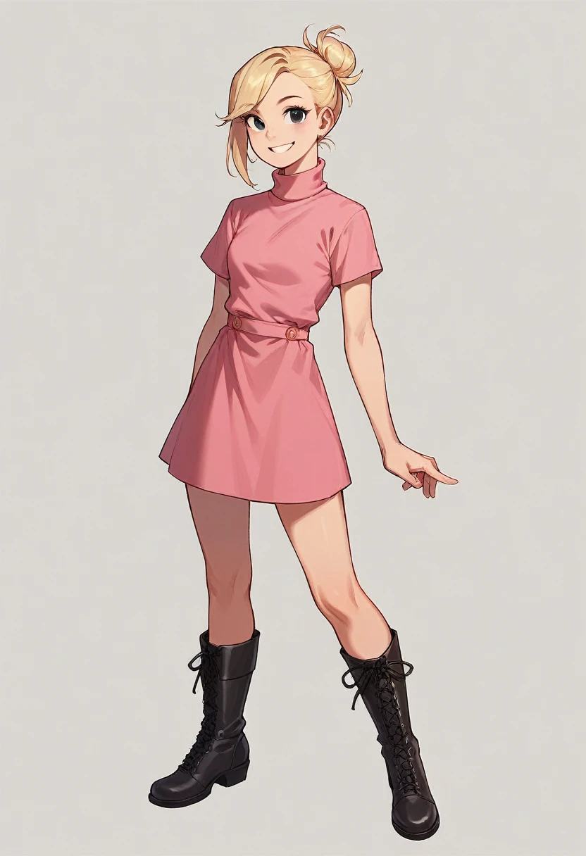 best quality, solo, lyla lay, beak, blonde hair, single hair bun, black eyes, pink dress, turtleneck, short sleeves, black boots, looking at viewer, smile, standing, simple background