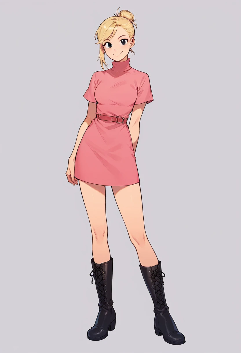 best quality, solo, lyla lay, beak, blonde hair, single hair bun, black eyes, pink dress, turtleneck, short sleeves, black boots, looking at viewer, smile, standing, simple background