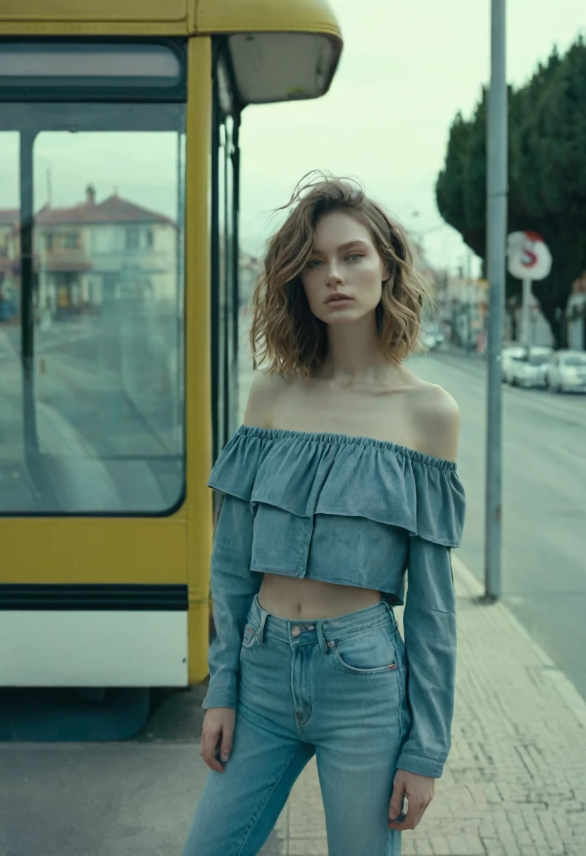 a woman wearing a cropped top and jeans standing in front of the bus stop, in the style of Oleg Oprisco, video, Jocelyn Hobbie, soft, muted tones, close up, wavy, Nick Knight --ar 36:55 --stylize 750 --v 6