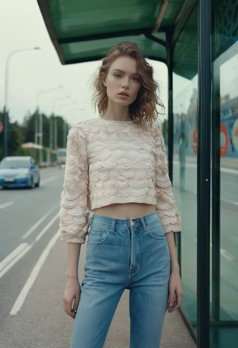 a woman wearing a cropped top and jeans standing in front of the bus stop, in the style of Oleg Oprisco, video, Jocelyn Hobbie, soft, muted tones, close up, wavy, Nick Knight --ar 36:55 --stylize 750 --v 6