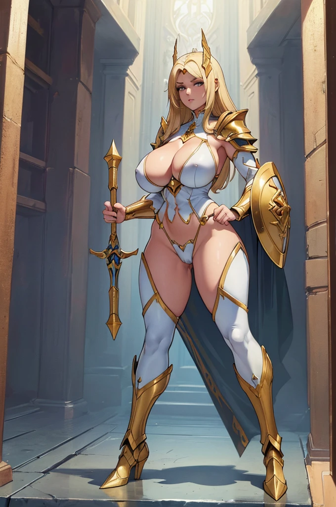 (masterpiece, best quality, high resolution, ((full body, standing,)), ((huge breasts)) 1 mature woman, muscular body, white fantasy paladin armor, large golden ruz-shaped mallet in the right hand, imposing posture, full body
