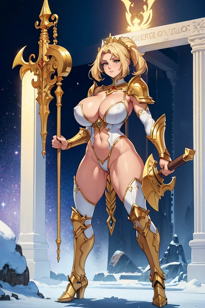 (masterpiece, best quality, high resolution, ((full body, standing,)), ((huge breasts)) 1 mature woman, muscular body, white fantasy paladin armor, large golden ruz-shaped mallet in the right hand, imposing posture, full body