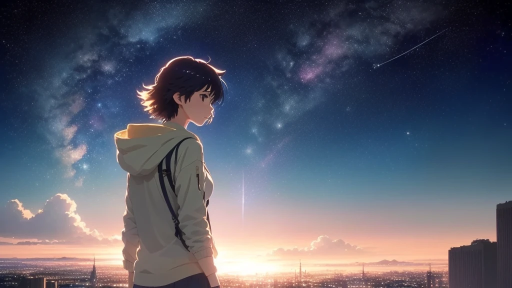 Anime girl gazing at the stars in the sky, yourname movie style, yourname, Makoto Shinkai Cyril Rolland, makoto shinkai!, makoto shinkai!!, Makoto Shinkai style, ( ( makoto shinkai ) ), makoto shinkai movie, Space Sky. by Makoto Shinkai, Kimi No Na Wa