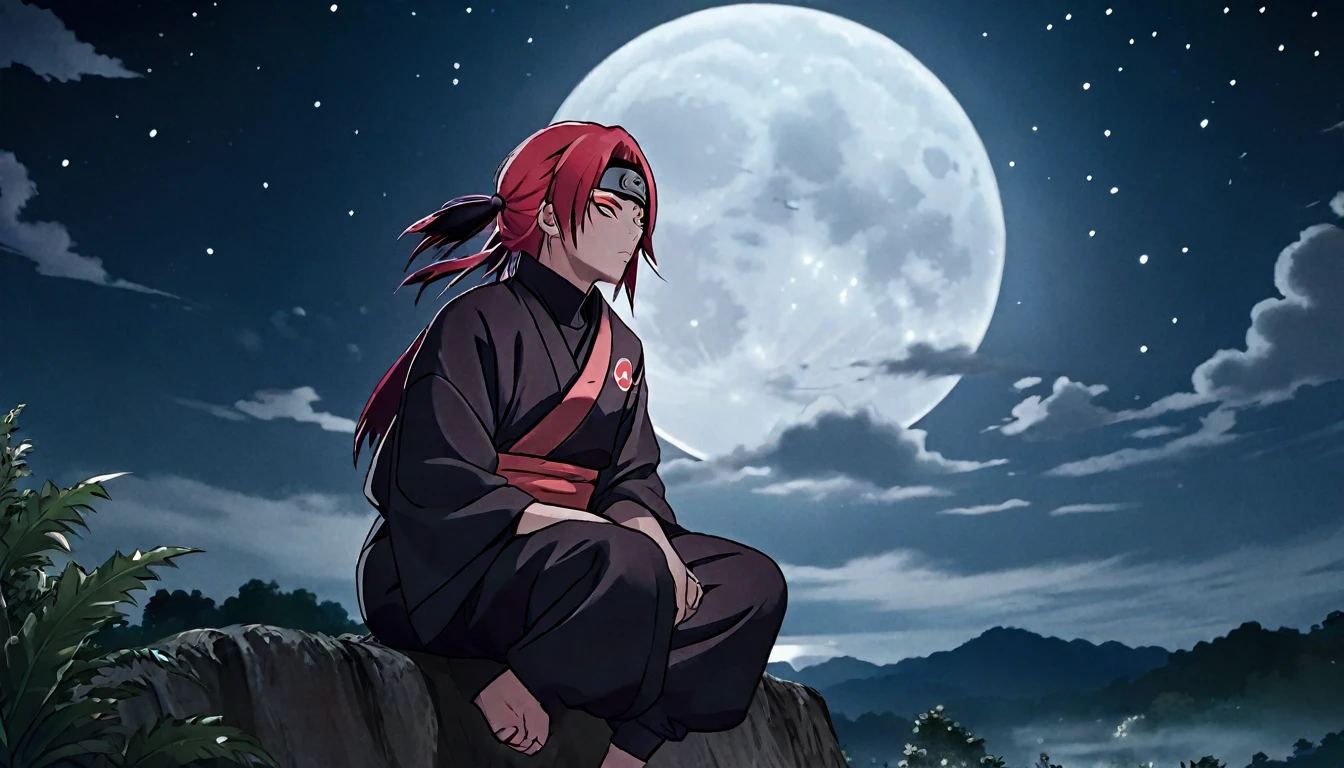 (((naruto character with akatsuki outfit))) smoking weed outside at night, on a full moon night. cena ultra wide 4k 90s