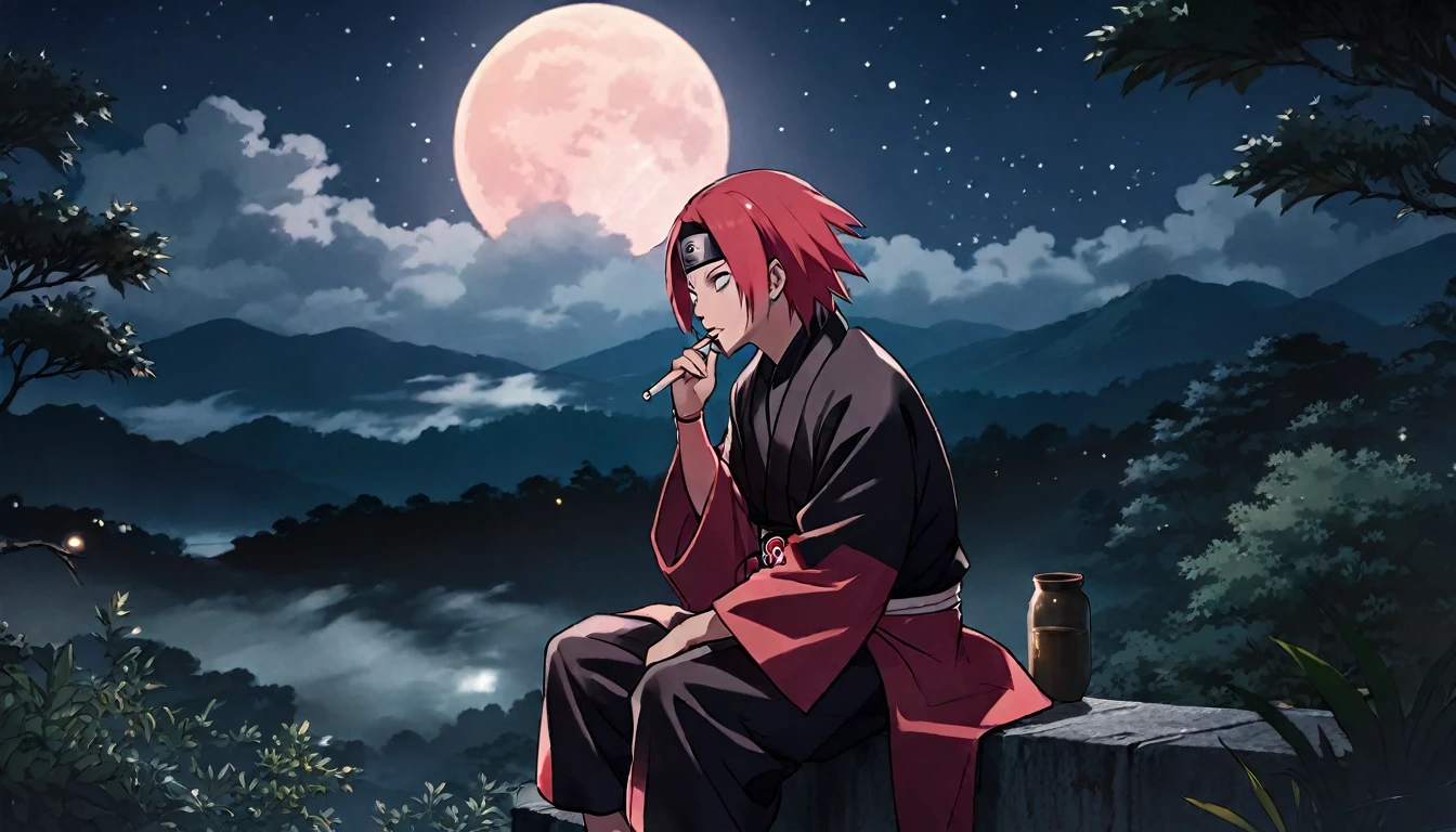 (((naruto character with akatsuki outfit))) smoking weed outside at night, on a full moon night. cena ultra wide 4k 90s