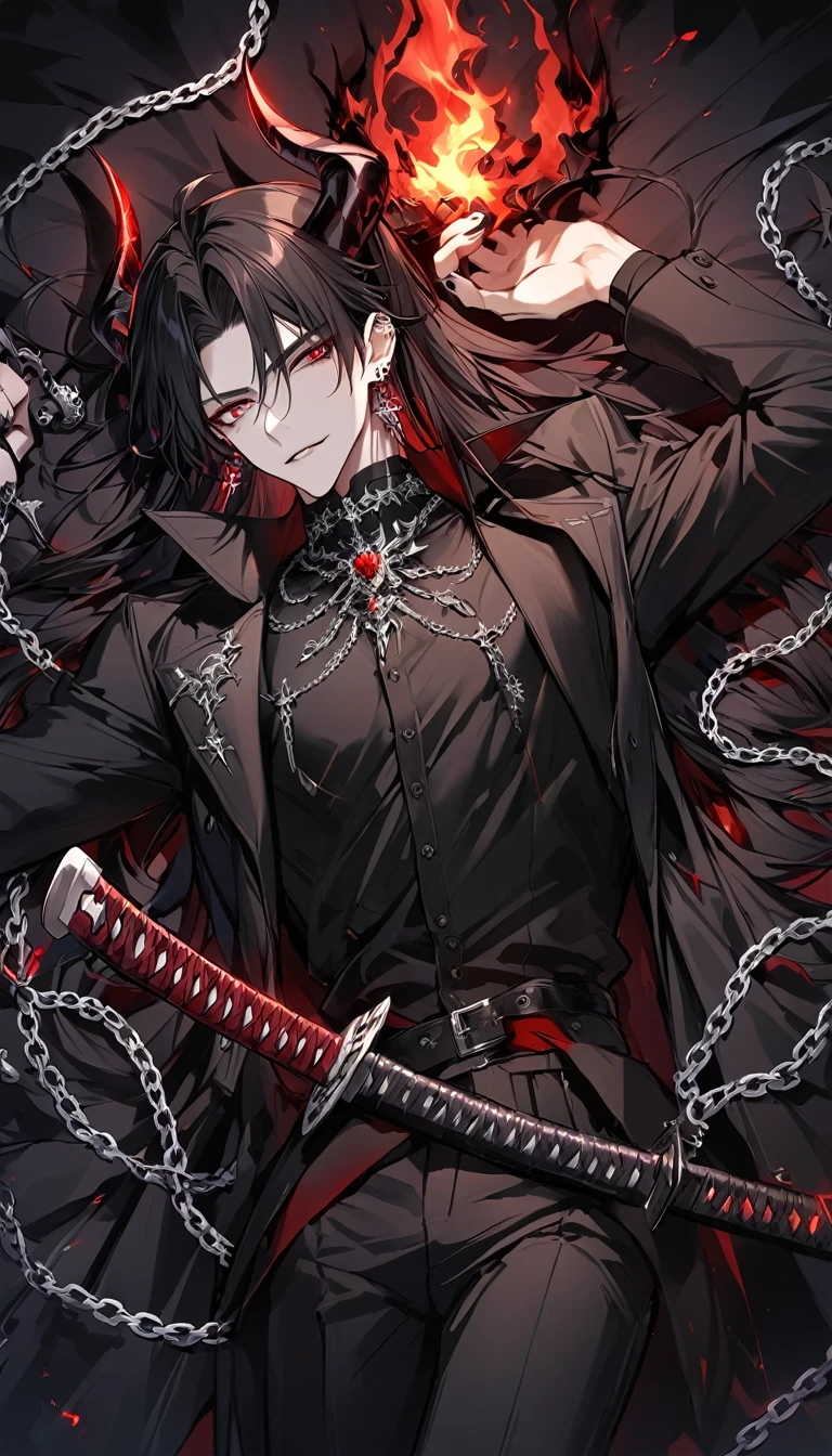 alone, good looking, 1 male, Long hair, Middle parted, Black hair, Red eyes, Black shirt, White Thailand, Black Trench Coat, Royal Silver Jewellery, Royal Demon Earrings, Black horns, Demon Crown, Demonic Katana, Chain, On Back, Demonic Black flames Aura, vtuber Character Design sheet