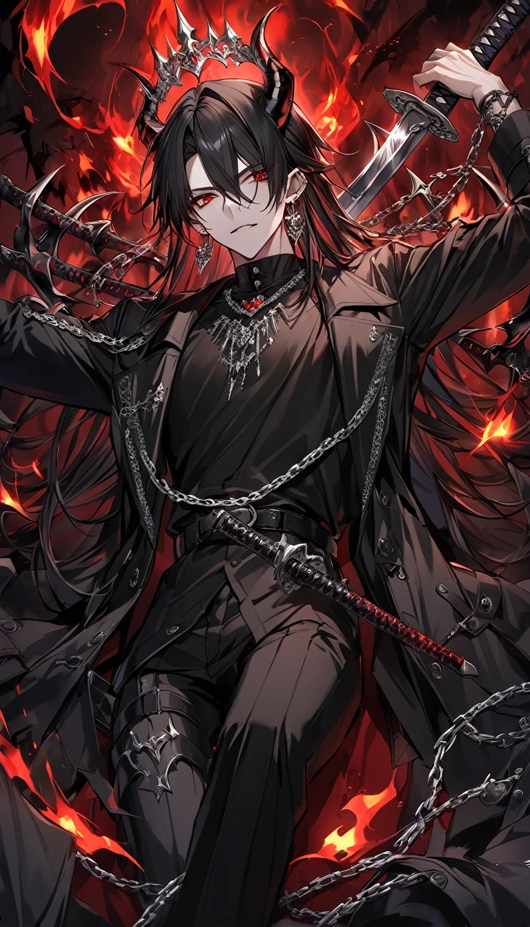 alone, good looking, 1 male, Long hair, Middle parted, Black hair, Red eyes, Black shirt, White Thailand, Black Trench Coat, Royal Silver Jewellery, Royal Demon Earrings, Black horns, Demon Crown, Demonic Katana, Chain, On Back, Demonic Black flames Aura, vtuber Character Design sheet