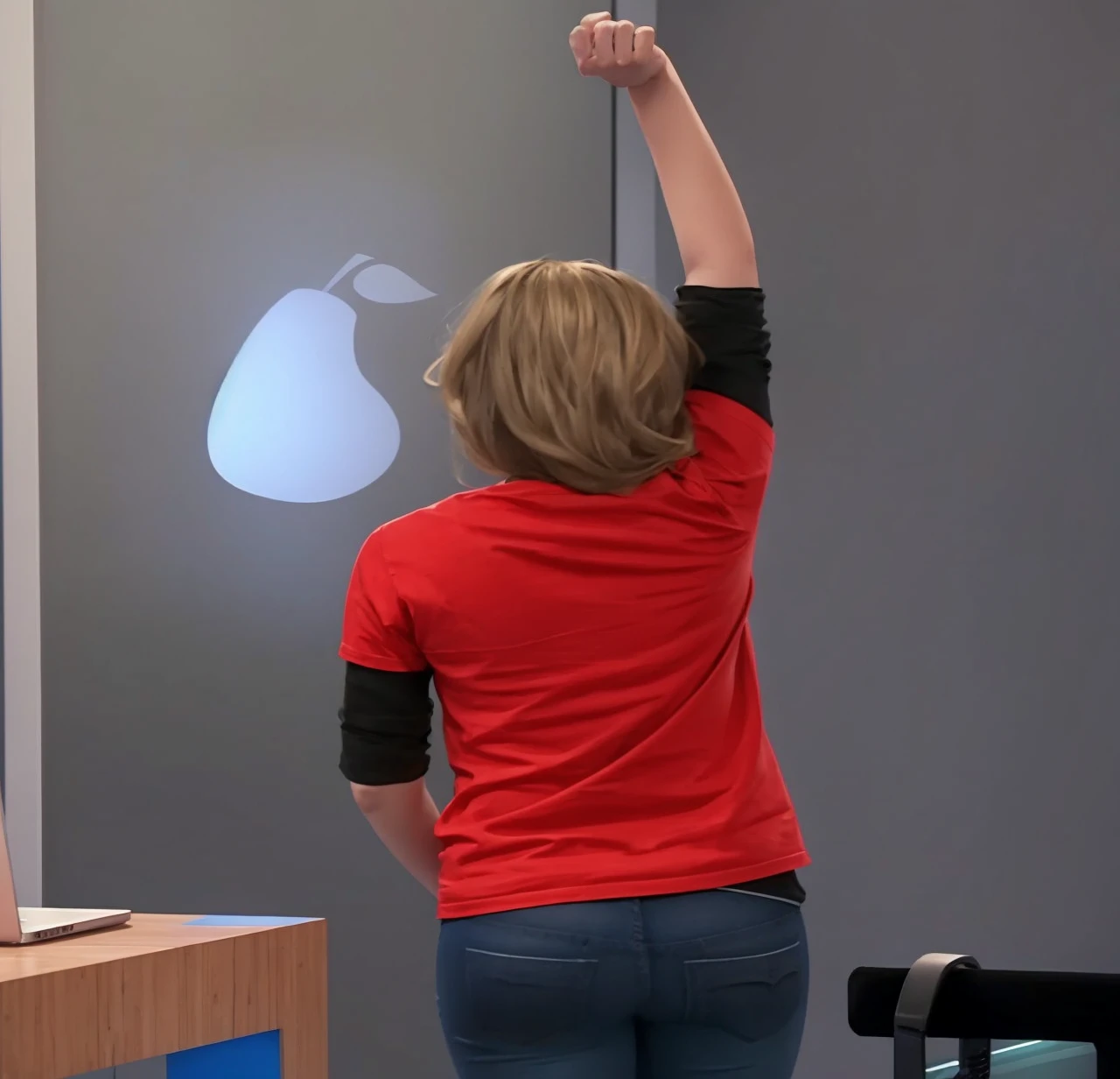 A 4K portrait of a blonde young woman in her red shirt and tight blue jeans; in the electronic store with her one arm up; cinematic; unreal engine; back view