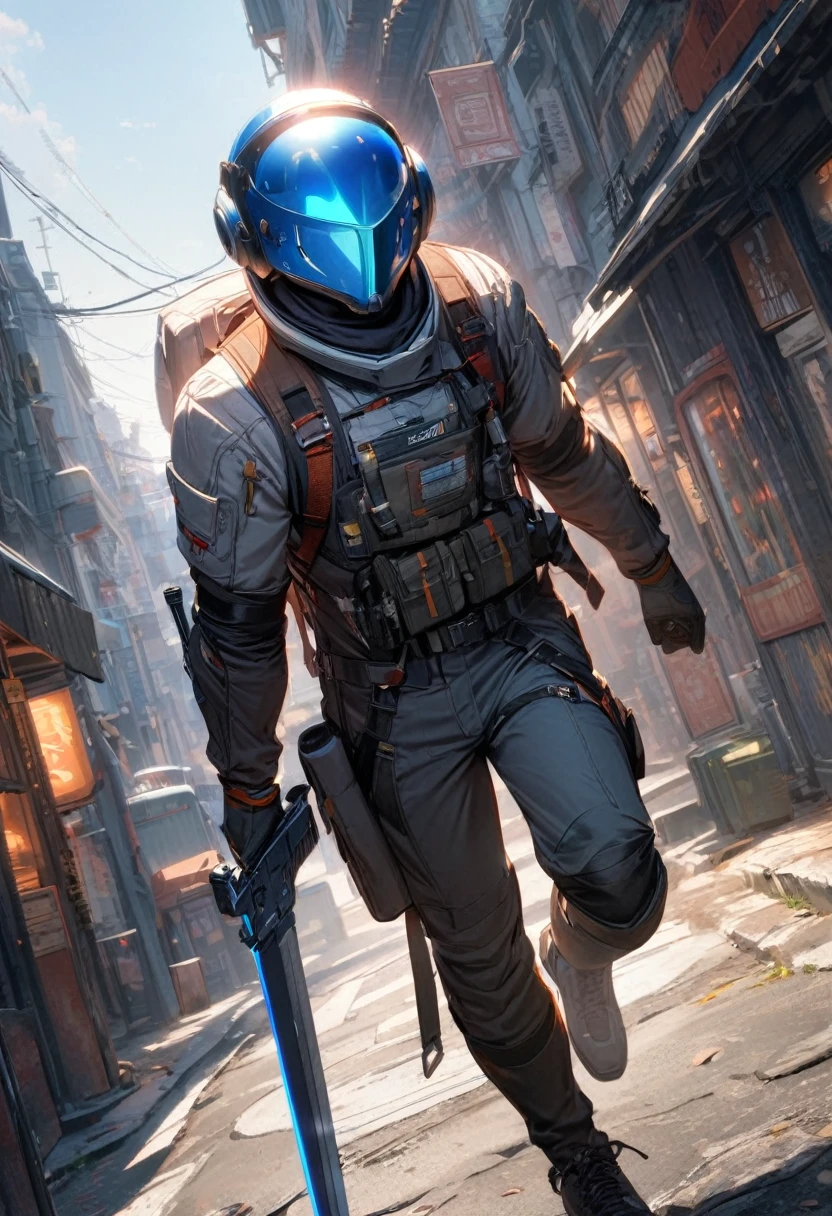 2people\(2boy\),walking,(street_background:1.3),(looking at viewer), dynamic pose, dynamic angle,(masterpiece:1.4, best quality), unity 8k wallpaper, ultra detailed, beautiful and aesthetic, perfect lighting,detailed background, realistic,
BREAK
1boy, Astronaut helmet and pistol and (Spherical helmet:1.3),
BREAK
1boy, longsword and (Blue mask:1.3)