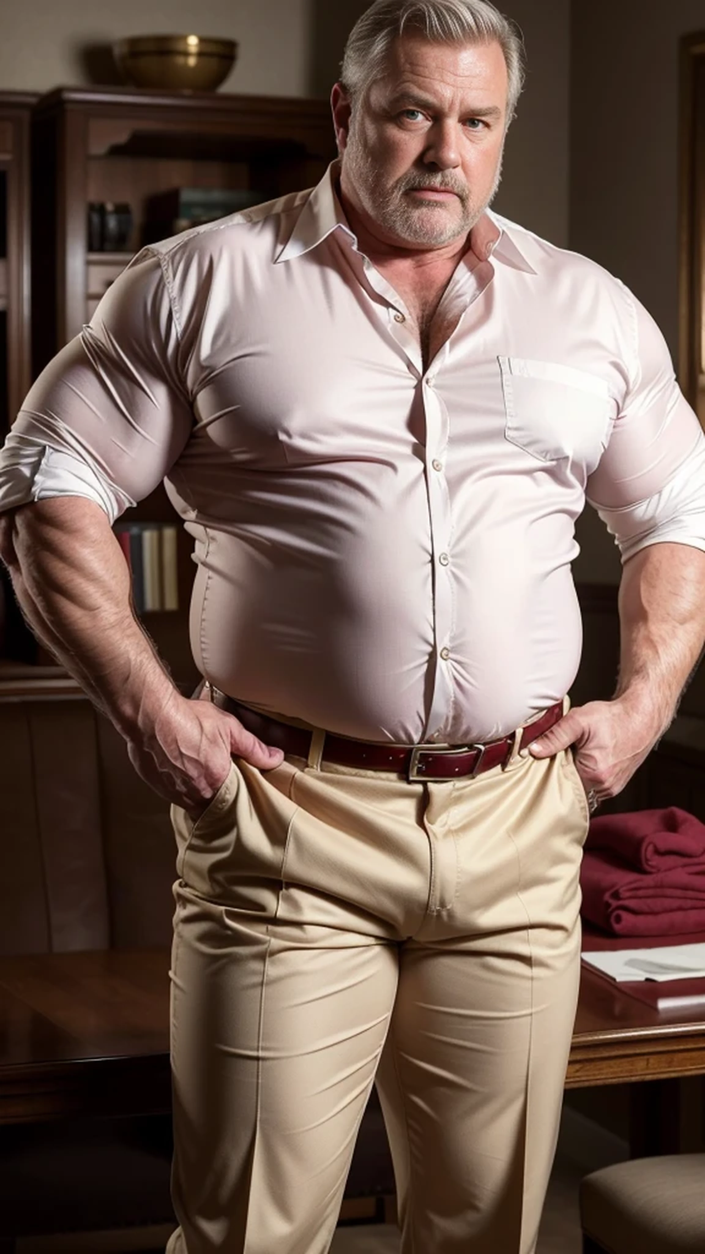(best quality,4k,8k,highres,masterpiece:1.2), age 60, white man sheriff , horny disgusting, muscular chubby, kind, opened red silk shirt, mature daddy, Dress Pants with big bulge, hairy chest hard nipple, belt, loafer,