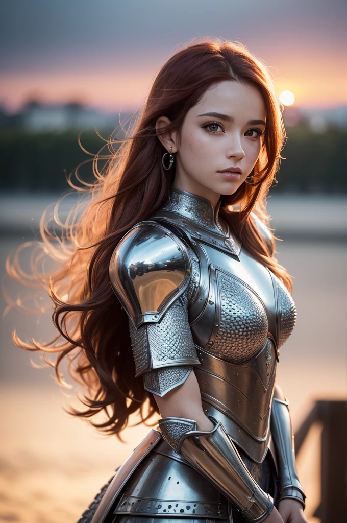 (work of art), (extremely complex:1.3), (realisitic), portrait of a , the most beautiful in the world, (medieval armor), metallic reflections, trunk, plein-air, Strong Sunlight, far away castle, professional photography of a stunning woman detailed, sharp focus, dramatic, awardwinning, cinematic lighting, octane render unreal engine,  volumetric dtx, (Film grain, nblurry background, blurry foreground, bokeh, Depth of field, SUNSET, motion-blur:1.3), chainmail With wavy red hair , eyes browns,fine mouths , medium sized upturned nose,com piercing de argola no cepto, and ball piercing on the side of the nose 