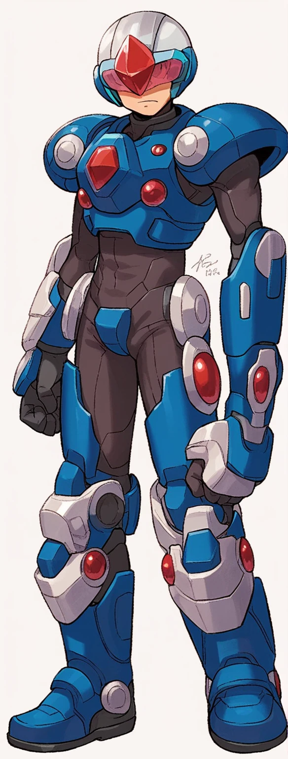 in kinu-sensei artstyle, Kinu Nishimura style, 1boy, solo, hardboiled, reploid, The image showcases several iterations of the character Megaman X in his design from "Mega Man X8". This character, a Reploid, features a sleek, futuristic design with a predominantly blue color scheme and light blue highlights. The first design shows a rounded, simplistic form, emphasizing a youthful and approachable appearance. The second design introduces angular features, giving him a tougher and more mature look. The third design further enhances these aspects with added armor details and more defined muscle structure, highlighting his combat-ready nature. The side profiles show his helmet with a red gem centerpiece and intricate arm and leg armor details. The overall art style is dynamic, with clean lines and a mix of soft and hard shading to emphasize his mechanical yet heroic qualities.
AI art prompts:
- "Futuristic Reploid, Megaman X design, blue and light blue color scheme, sleek and dynamic design, detailed armor, combat-ready, heroic stance, clean lines, mix of soft and hard shading."
- "Megaman X Reploid character design, angular features, youthful and approachable appearance, futuristic armor, red gem centerpiece, intricate details, heroic and combat-ready."
- "Reploid hero, sleek and futuristic, blue armor, light blue highlights, dynamic design, side profiles, detailed helmet, clean lines, soft and hard shading., in kinu-sensei artstyle