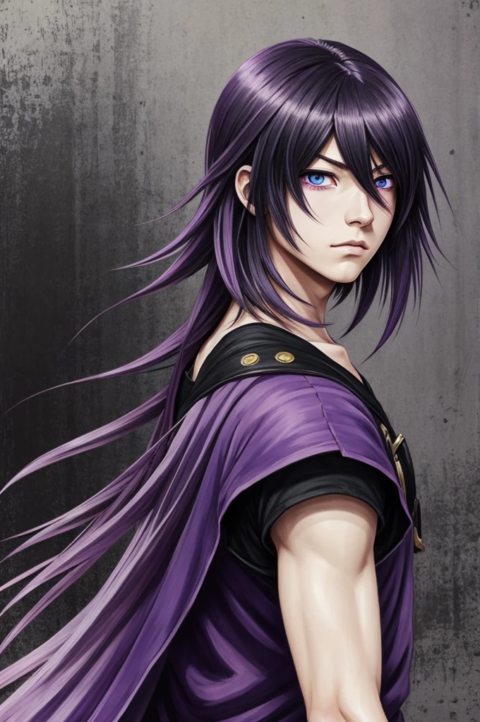 A boy, anime, kitmetsu no yaiba style, Shoulder length hair, half black half violet her hair, Tired eyes, with two paintings in his low violet eyes, gray eyes