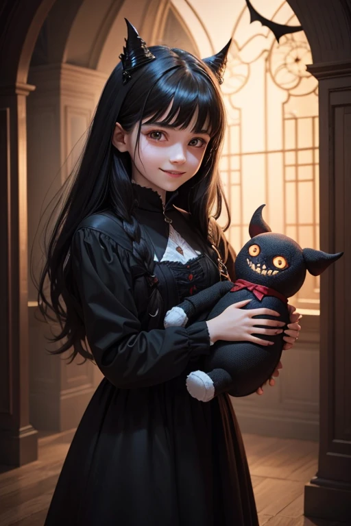 a  black haired witch with a very scary demonic smile holding a cursed doll 