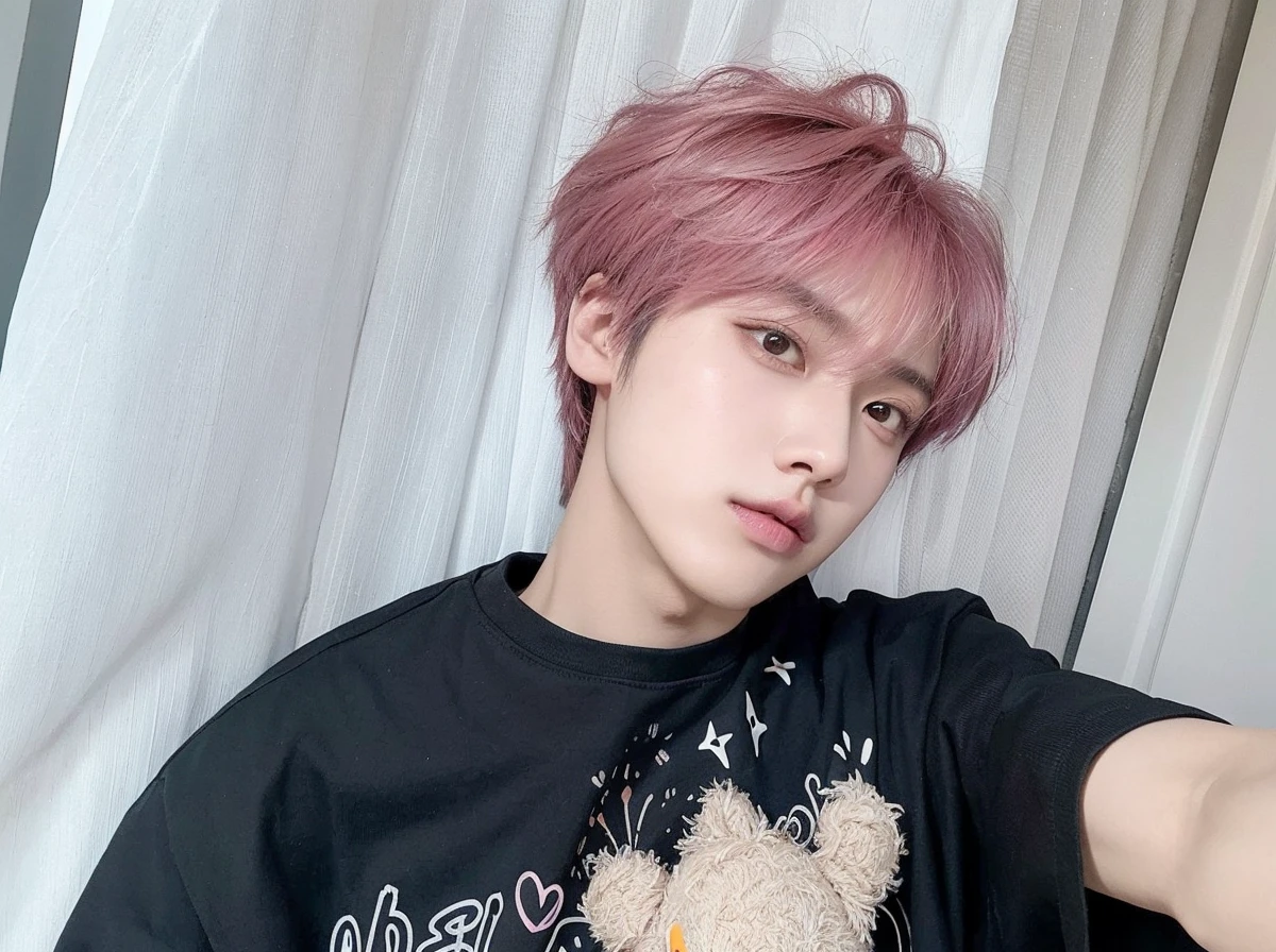 arafed male with pink hair and a black shirt holding a teddy bear, cai xukun, kim doyoung, with short hair, portrait of jossi of blackpink, jungkook, jung jaehyun, male ulzzang, jimin, jinyoung shin, yanjun chengt, hyung tae, jossi of blackpink, inspired by Kun Can, hong june hyung