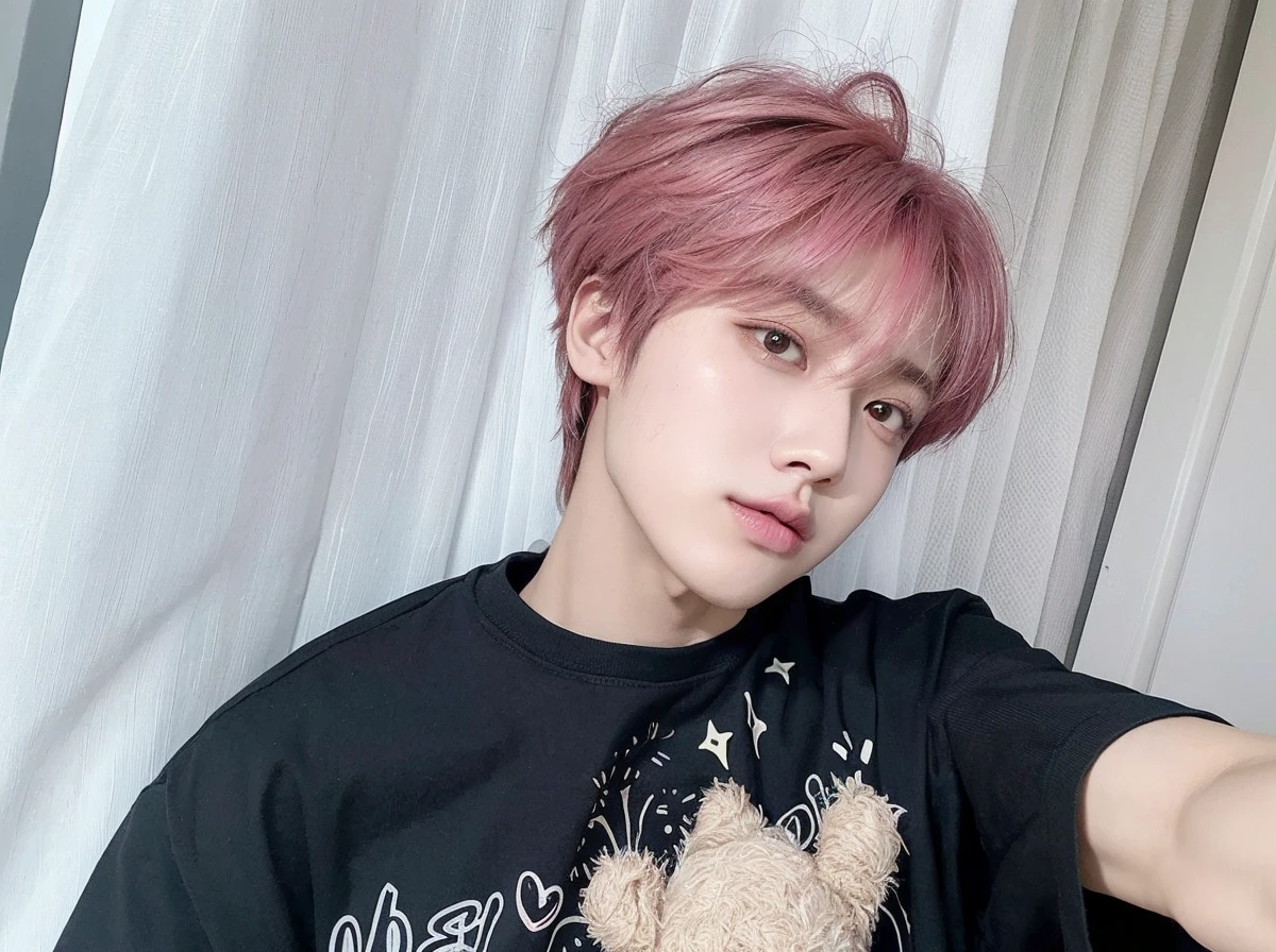 arafed male with pink hair and a black shirt holding a teddy bear, cai xukun, kim doyoung, with short hair, portrait of jossi of blackpink, jungkook, jung jaehyun, male ulzzang, jimin, jinyoung shin, yanjun chengt, hyung tae, jossi of blackpink, inspired by Kun Can, hong june hyung