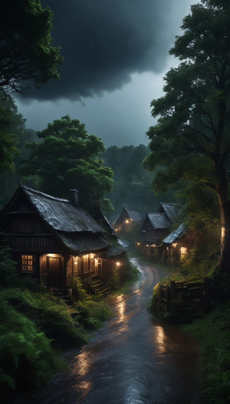 a small town surrounded by dense forests, where legends about witchcraft and ancestral spirits were common among locals. On a dark night, during a storm that shook the windows and made the trees groan, , PICTURE REALISTIC, high resolution, 8K