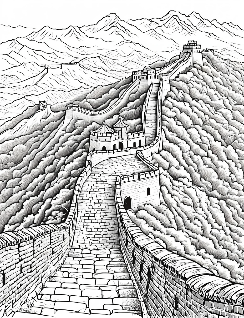 ((A section of the Great Wall snaking over hills, with a couple of ancient watchtowers), (black and white), (masterpiece), (coloring page), line art drawing, graphic, (simple line art), vector graphics, Clear and Distinct Lines, Varied Line Weights, Smooth curves, Bold outlines, Crisp shapes