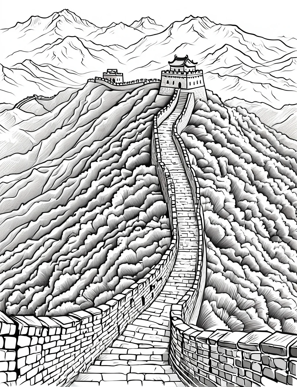 ((A section of the Great Wall snaking over hills, with a couple of ancient watchtowers), (black and white), (masterpiece), (coloring page), line art drawing, graphic, (simple line art), vector graphics, Clear and Distinct Lines, Varied Line Weights, Smooth curves, Bold outlines, Crisp shapes