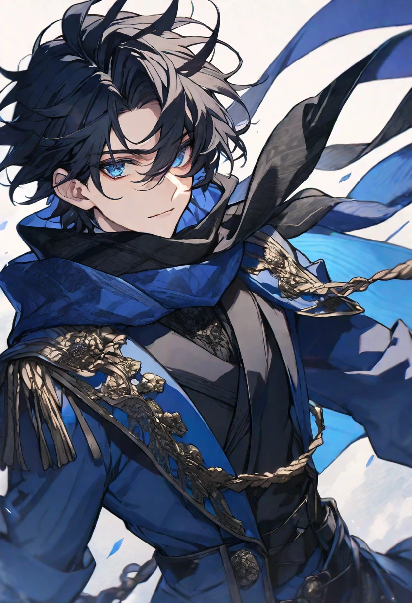 Solo, male, black hair, blue eyes, blue coat, black scarf, black roses