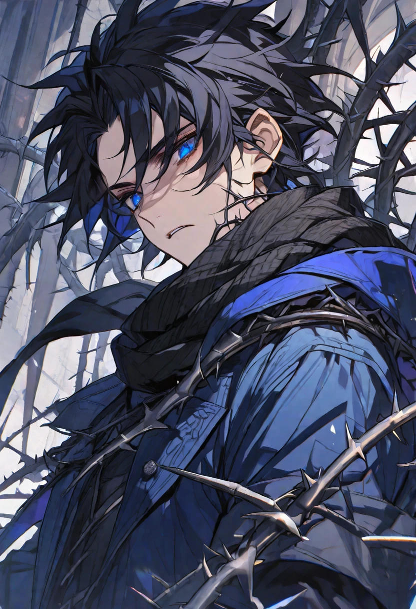 Solo, male, black hair, blue eyes, blue coat, black scarf, black roses, thorns