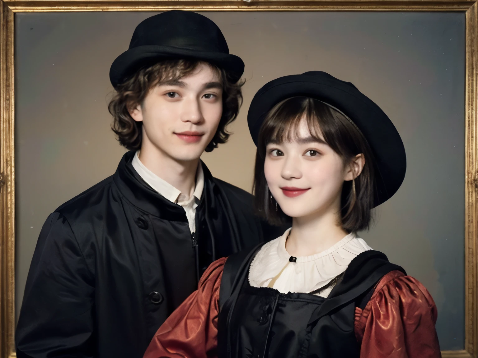 252 (An 18-year-old female and an 18-year-old male), (short hair),kind, lipstick, (Rembrandt-style painting), smile