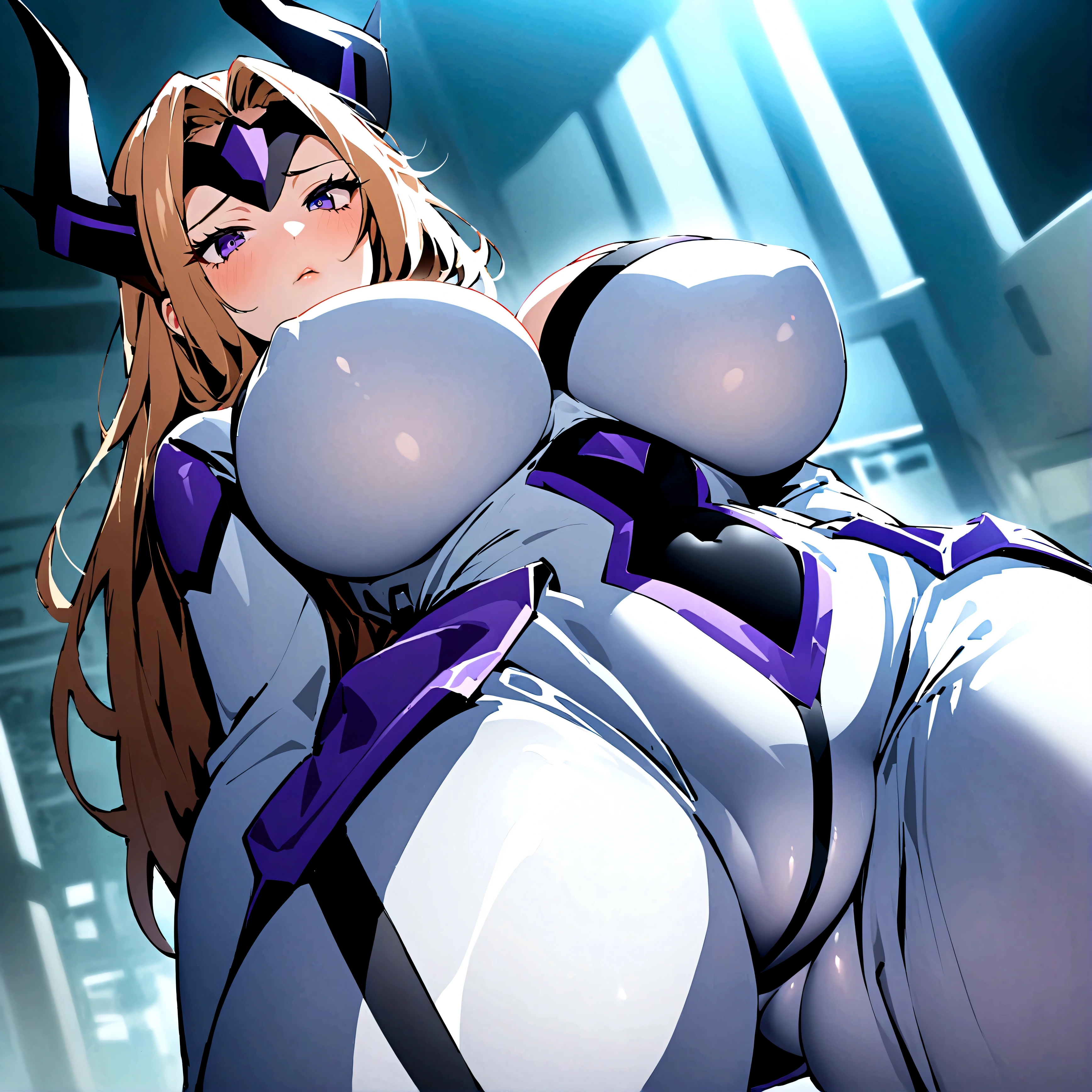 score_9,score_8_up,score_7_up,score_6_up, easynegative, Expressive, solo, Staring at the audience, Seductive look, Are standing, Wearing clothes, Purple and white bodysuit, White purple bodysuit, Purple bodysuit, Mount Lady, mask, Large Breasts, Big thighs, Big Ass,A woman bigger than an office block、wrestling、Brainbuster、
