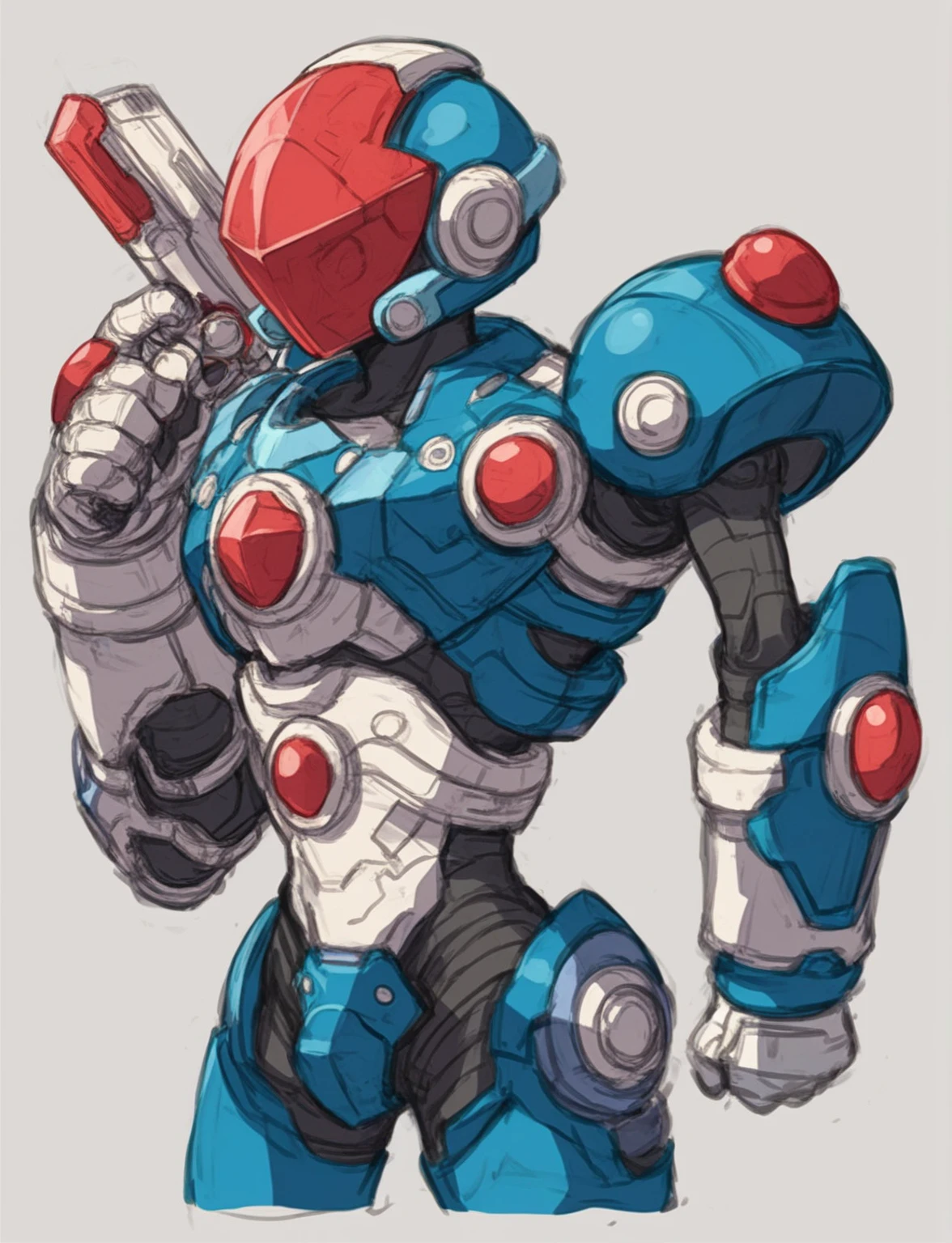 in kinu-sensei artstyle, Kinu Nishimura style, 1boy, solo, hardboiled, reploid, The image showcases several iterations of the character Megaman X in his design from "Mega Man X8". This character, a Reploid, features a sleek, futuristic design with a predominantly blue color scheme and light blue highlights. The first design shows a rounded, simplistic form, emphasizing a youthful and approachable appearance. The second design introduces angular features, giving him a tougher and more mature look. The third design further enhances these aspects with added armor details and more defined muscle structure, highlighting his combat-ready nature. The side profiles show his helmet with a red gem centerpiece and intricate arm and leg armor details. The overall art style is dynamic, with clean lines and a mix of soft and hard shading to emphasize his mechanical yet heroic qualities.
AI art prompts:
- "Futuristic Reploid, Megaman X design, blue and light blue color scheme, sleek and dynamic design, detailed armor, combat-ready, heroic stance, clean lines, mix of soft and hard shading."
- "Megaman X Reploid character design, angular features, youthful and approachable appearance, futuristic armor, red gem centerpiece, intricate details, heroic and combat-ready."
- "Reploid hero, sleek and futuristic, blue armor, light blue highlights, dynamic design, side profiles, detailed helmet, clean lines, soft and hard shading., in kinu-sensei artstyle