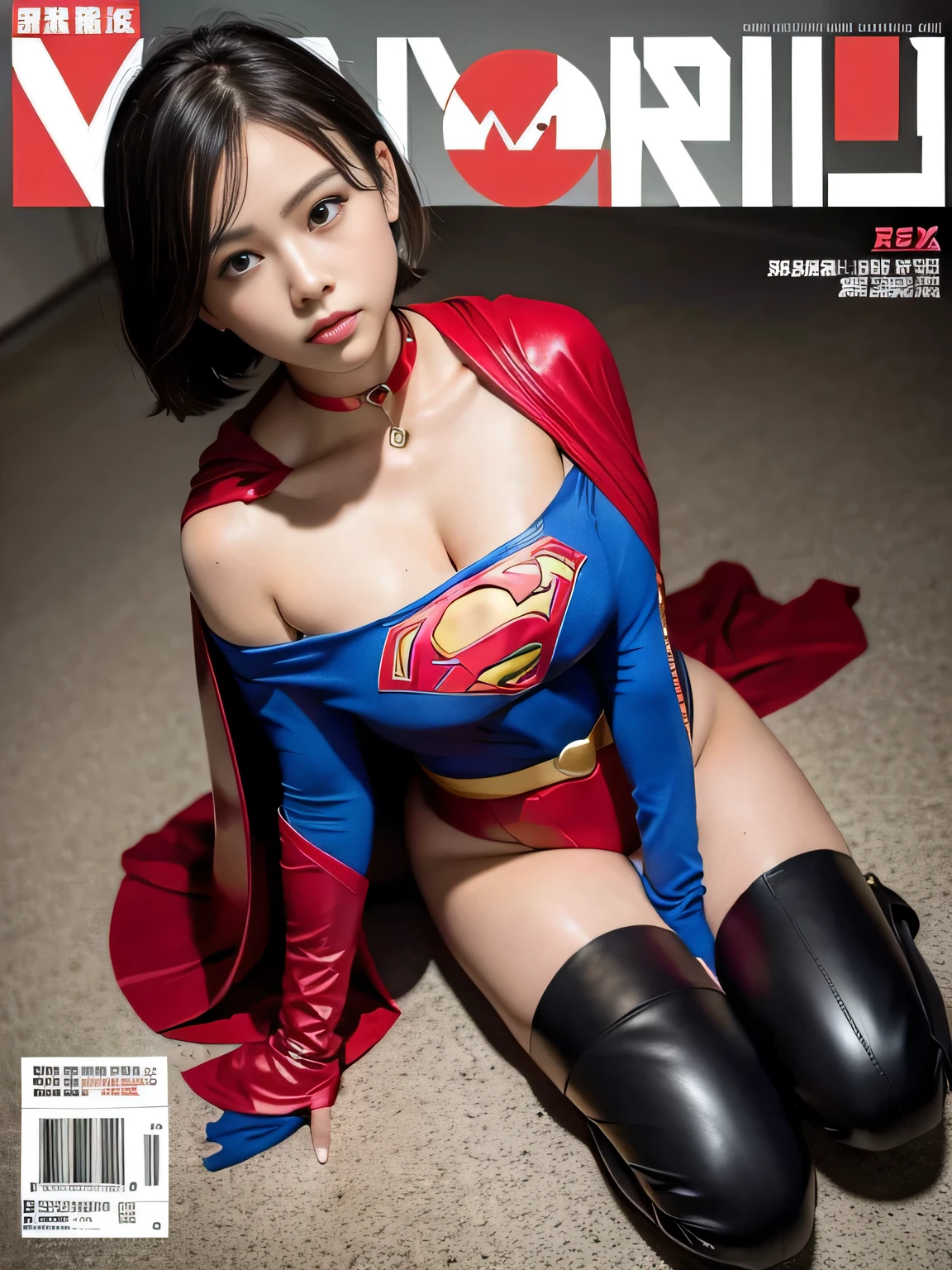 masterpiece、Vinyl Supergirl Costume、short hair、Vinyl Long Boots、Big and ample breasts、looking at the camera、choker、Long sleeve、Off the shoulder、mini skirt、Red cloak、Sweaty skin、Hospital room、Photo magazine cover、Public Image、Sit down and show off your beautiful legs、