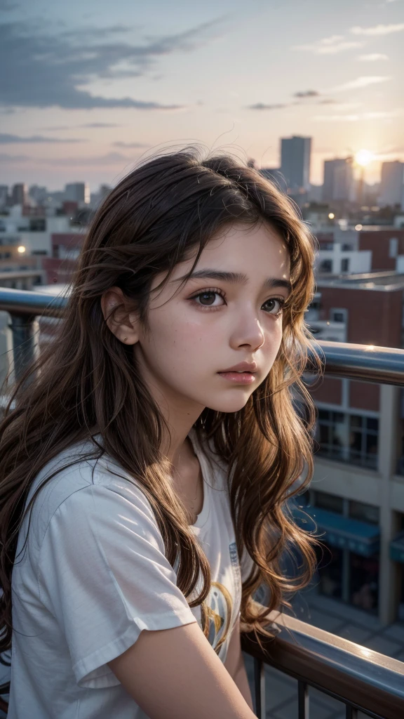 14 year old Mexican girl, with wavy hair and honey brown eyes looking at the sky from the side balcony in a city with a beautiful sky, (realist), 8k, Ultra quality, 4K quality