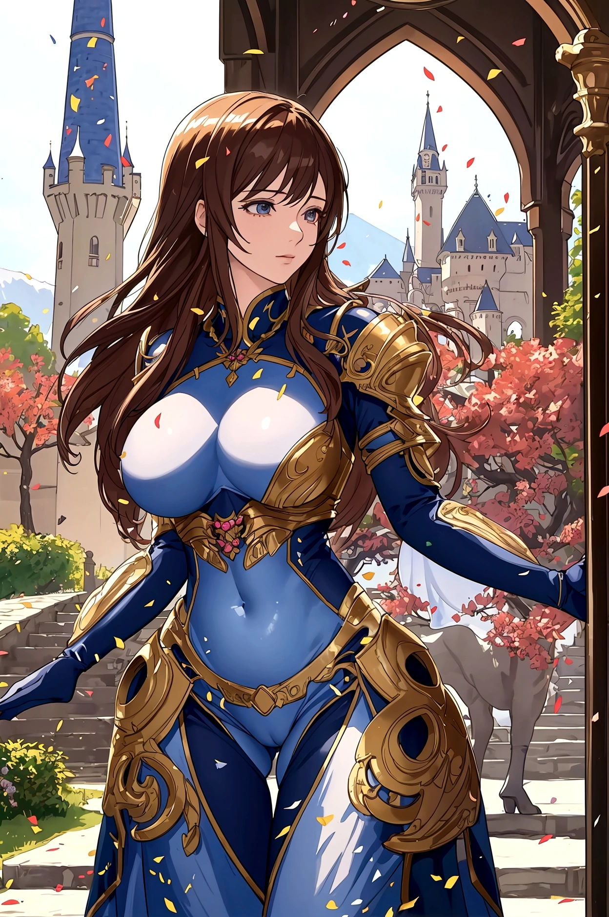 best quality, official art, masterpiece, textile shading, HDR, very detailed, colorful, best details, fantasy, battle suit,1 female, 25 years old, best quality, official art, masterpiece, textile shading, HDR, very detailed, colorful, best details, fantasy, battle suit,1 female, 25 years old, standing on stairs,A castle town with an old castle view, sunny,choppy hair, big breast, skinny,Surrounded by a large crowd:1.9、Confetti flutters、Blessed、Being welcomed:1.5、cameltoe:1.3, looking back, ground level shot:1.9,