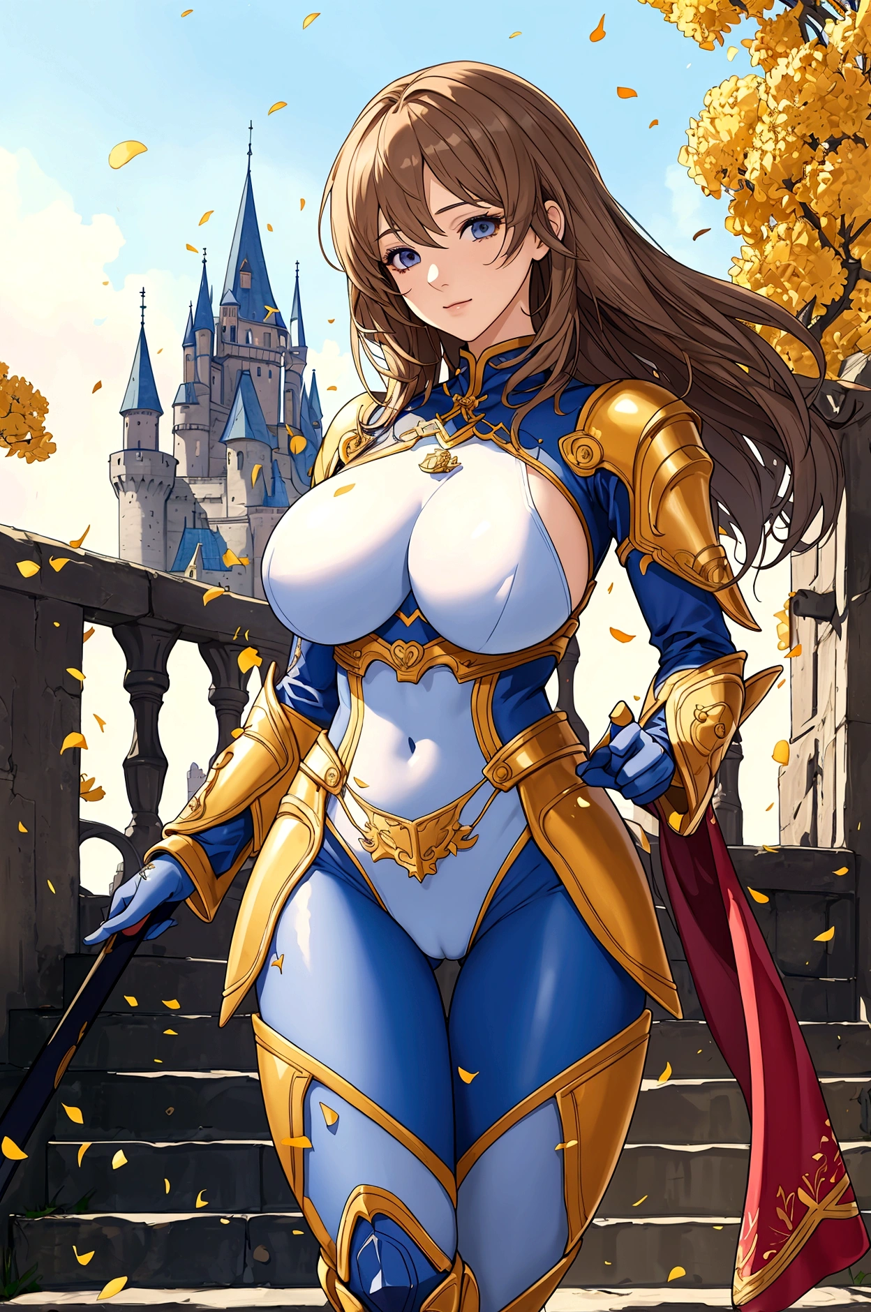 best quality, official art, masterpiece, textile shading, HDR, very detailed, colorful, best details, fantasy, battle suit,1 female, 25 years old, best quality, official art, masterpiece, textile shading, HDR, very detailed, colorful, best details, fantasy, battle suit,1 female, 25 years old, standing on stairs,A castle town with an old castle view, sunny,choppy hair, big breast, skinny,Surrounded by a large crowd:1.9、Confetti flutters、Blessed、Being welcomed:1.5、cameltoe:1.3, looking back, ground level shot:1.9,