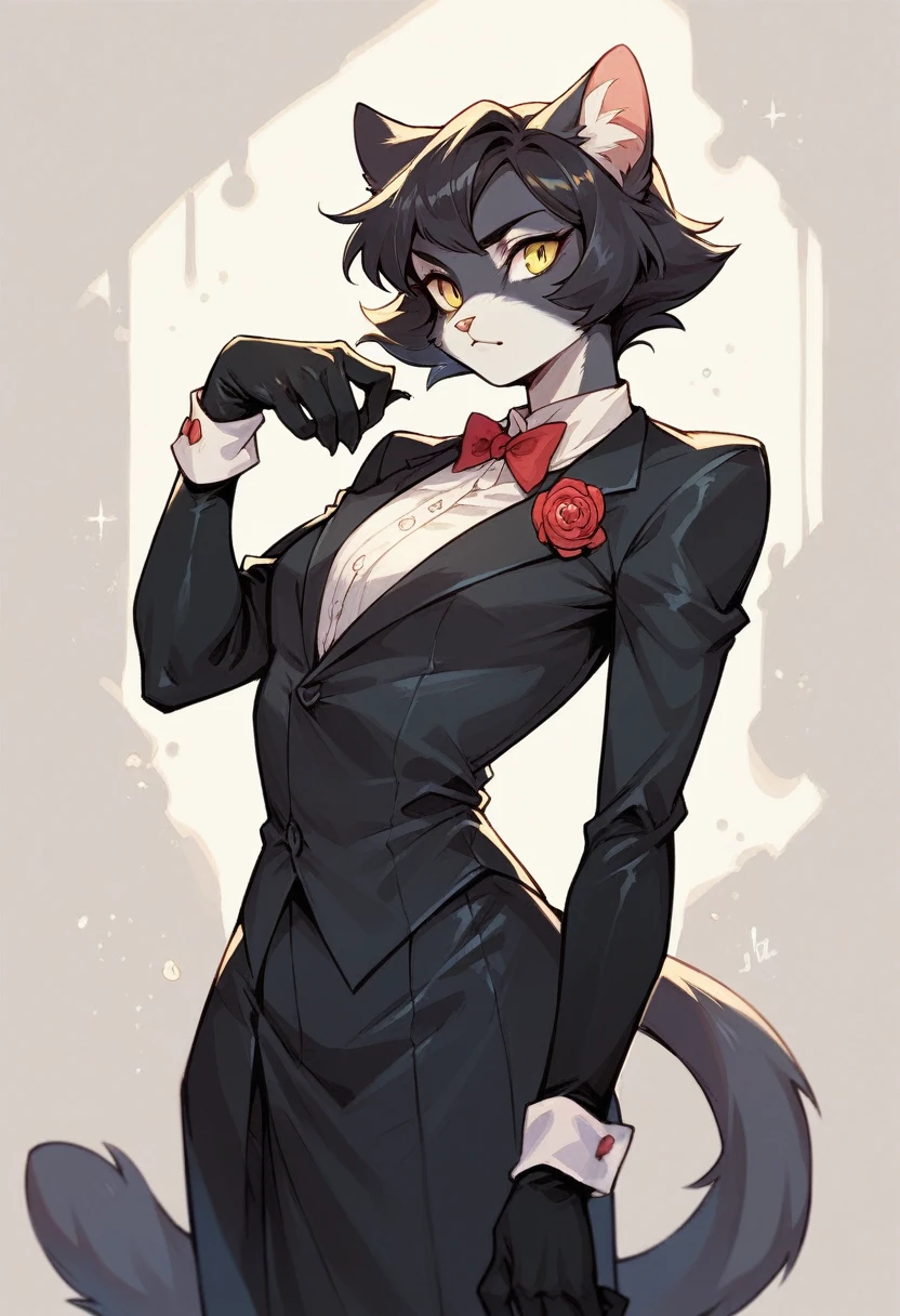 anthro,solo female,furry ,tuxedo cat,yellow eyes,black long gloves ,black short hair,random clothes