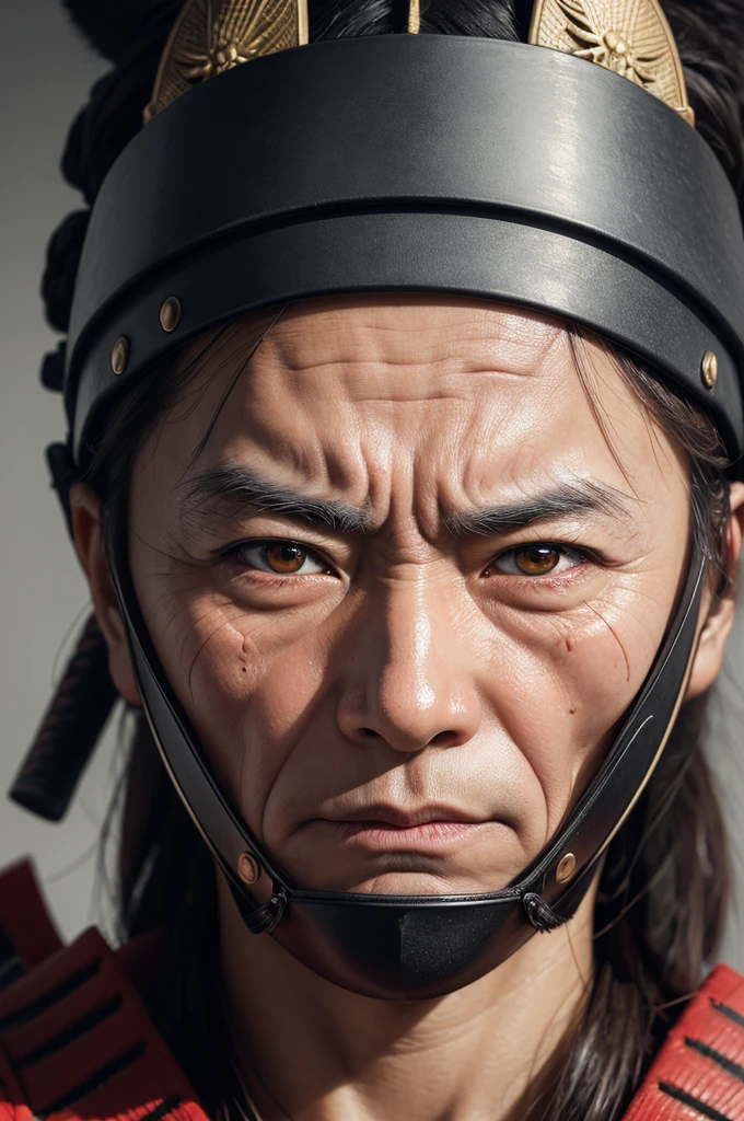 Ultra HD close-up realistic portrait，A samurai wearing a war mask, wrinkles ,Facial expressions show strong emotions