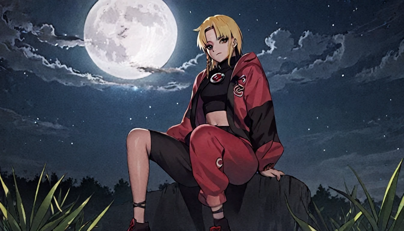 naruto with akatsuki outfit, smoking weed outside at night, on a full moon night. cena ultra wide 4k 90s