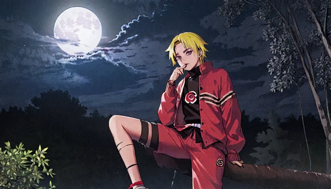 naruto with akatsuki outfit, smoking weed outside at night, on a full moon night. cena ultra wide 4k 90s