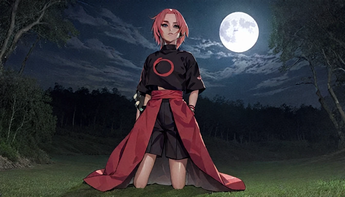 naruto with akatsuki outfit, smoking weed outside at night, on a full moon night. cena ultra wide 4k 90s