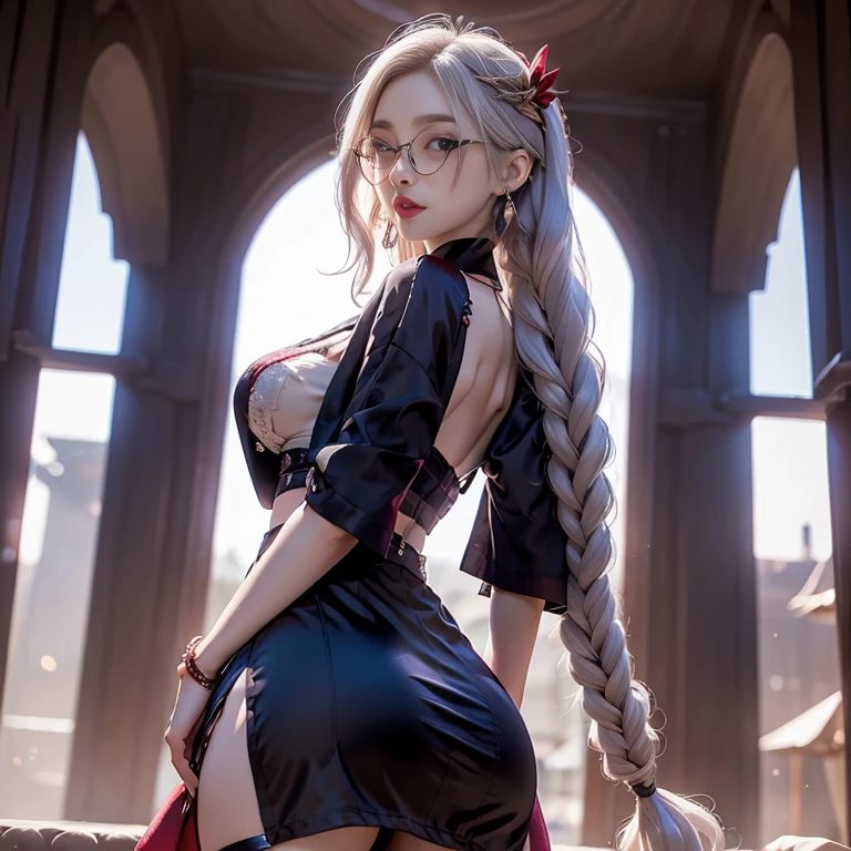(1girl:1.3), (perky chest:1.2), ((long purply_Blue dress :1.5, wearing long flaired skirt:1.3, the skirt is blowing:1.3, cute pink Apron, black stocking:1.2,garter stocking, cleavage:1.2, midriff, black shorts, black thighhighs, thigh strap, (pointed chest:1.2),Masterpiece, Best quality, amazing beauty, [[3D]], 4K, absurdres, finely detail, super detailed eye, perfect anatomy, official art, cinematic lighting, BREAK, Island, silky long hair, long braid, white hair, super shiny detailed blue eyes, big eyes, cute eyes, thick eyebrow, Gazing Upward, open-mouth, full lips, straight teeth, rouge, False eyelashes, red lips, red round cell frame glasses, piercing, excited face, BREAK , big breasts, tall, medium, gloss skin, nibble at bread, from behind, BREAK ,kimono, BREAK,