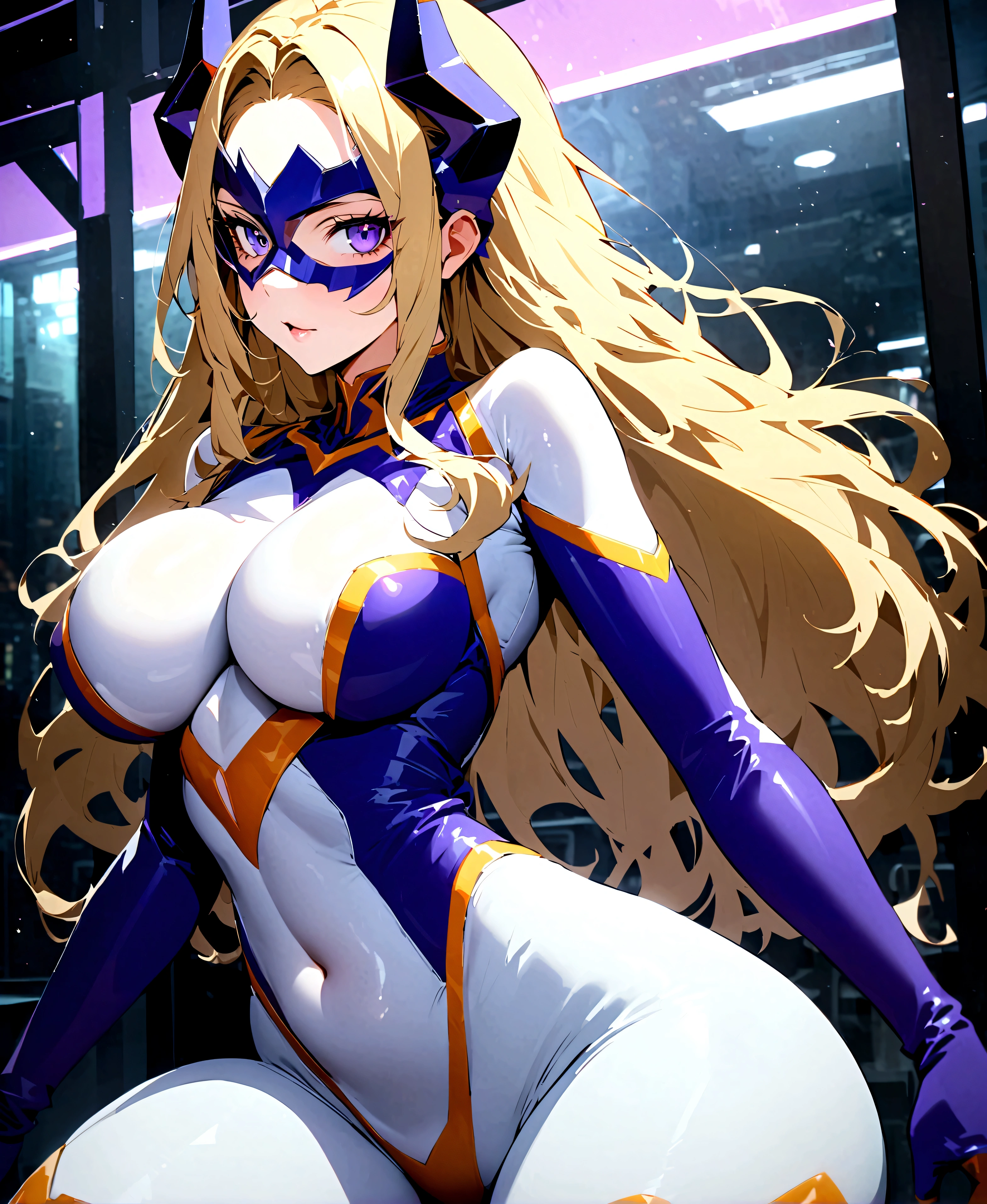 score_9,score_8_up,score_7_up,score_6_up, easynegative, Expressive, solo, Staring at the audience, Seductive look, Are standing, Wearing clothes, Purple and white bodysuit, White purple bodysuit, Purple bodysuit, Mount Lady, mask, Large Breasts, Big thighs, Big Ass,A woman bigger than an office block、Yellow Hair、