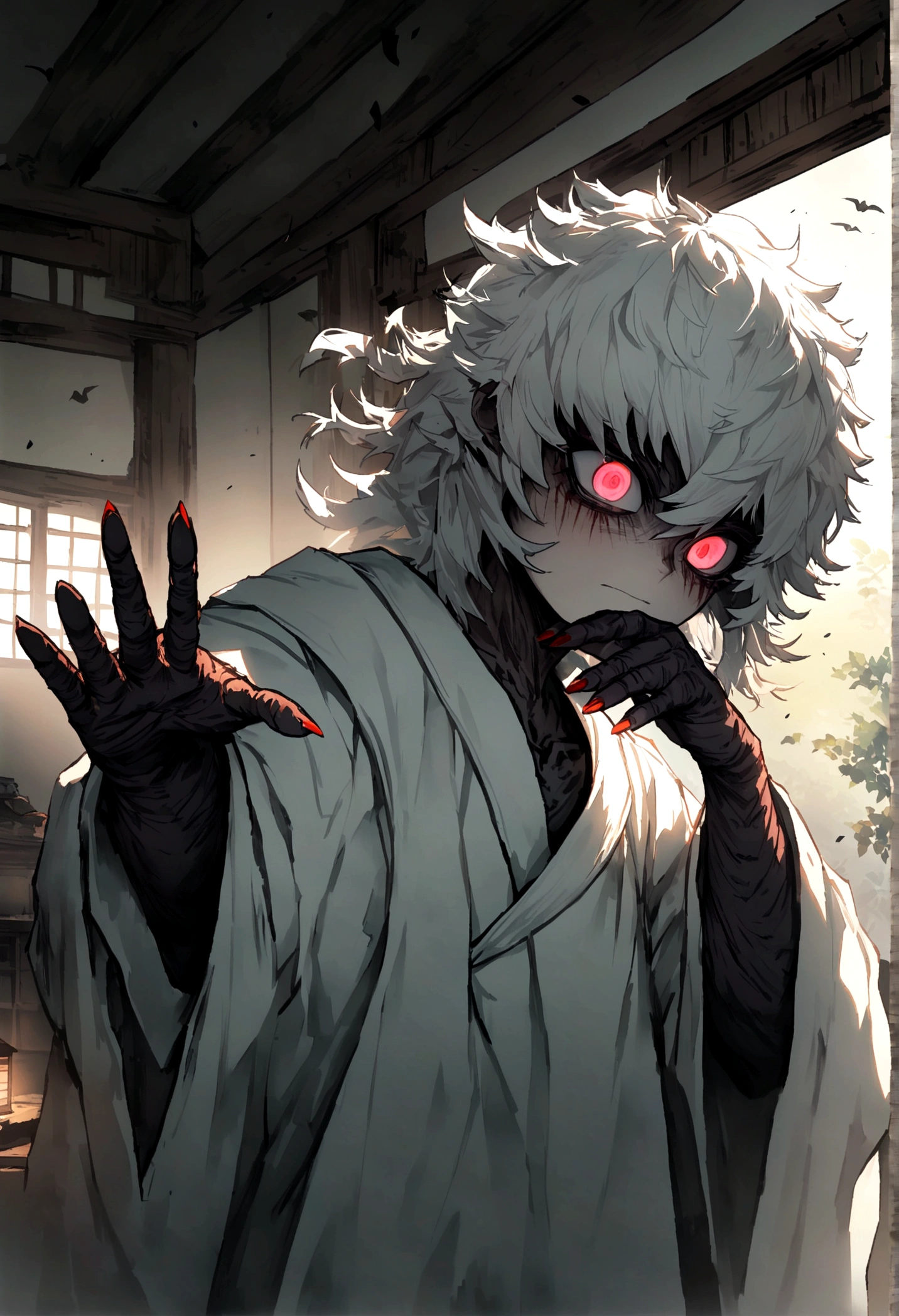 The Little Ones, long white hair, with disheveled hair, Cover one eye and face, eerie glowing red eyes, Wearing a transparent white robe, spirits, devilcore, extending hands,Straighten your body, The red nails are exposed, hiper HD, anatomically correcte, texturized skin, super detaill, High details, high qualiy, A high resolution, 8K, hiper HD, anatomically correcte, texturized skin, super detaill, High details, high qualiy, best qualityer, 8K,Leishnampo,Room 2,horor, White male Oni from Kimetsu no Yaiba