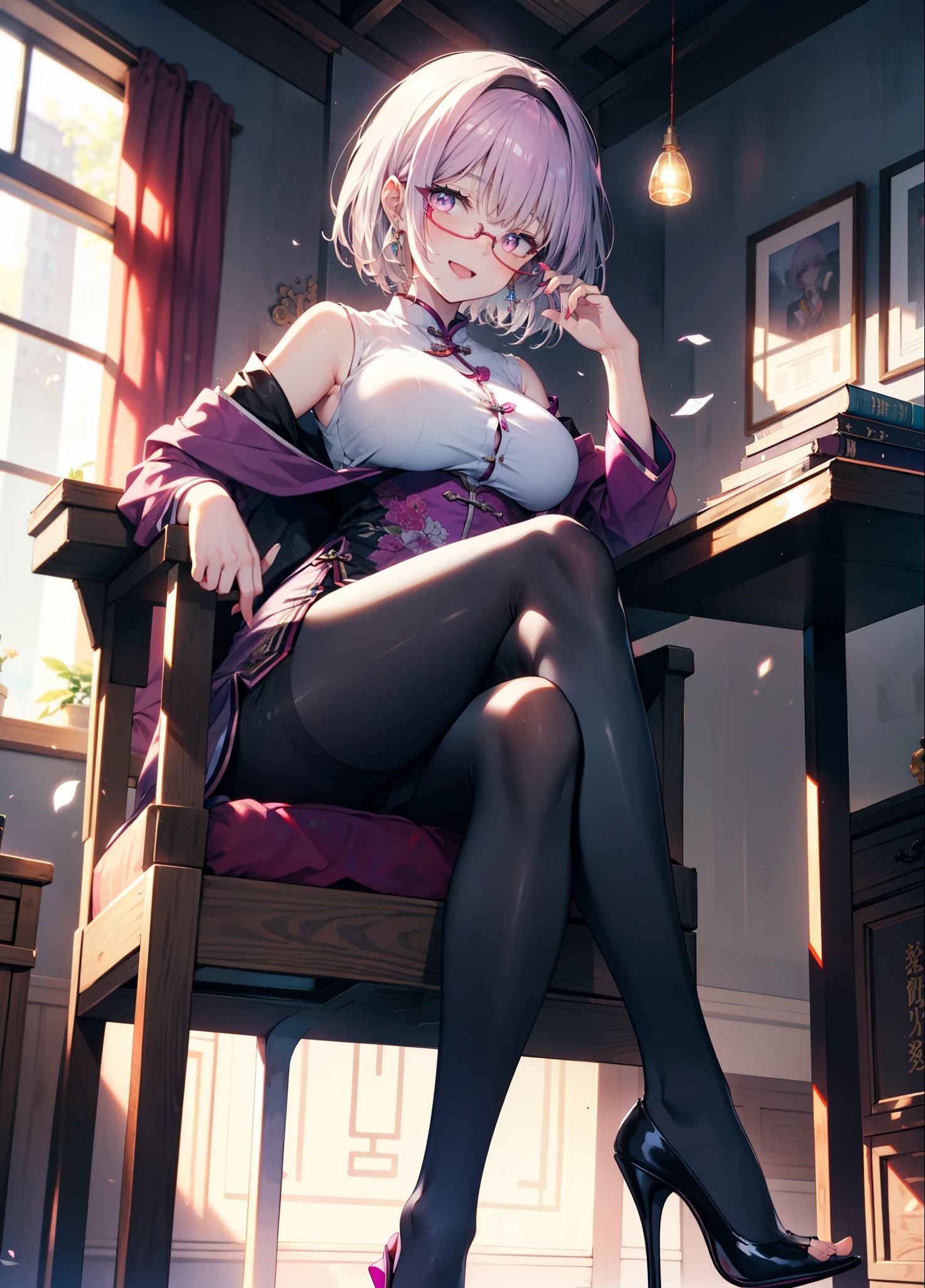 akaneshinjou, shinjou akane, Light purple hair, (Pink Eyes:1.2), happy smile, smile, Open your mouth,short hair,Red-rimmed glasses,hair band,Big Breasts,Sleeveless purple cheongsam,Long slit,Black pantyhose,Stiletto heels,sitting cross-legged on a chair,
break looking at viewer, whole body, 　　　　　　　　break indoors, room,　　　　　　　　　　 　　　break (masterpiece:1.2), Highest quality, High resolution, unity 8k wallpaper, (shape:0.8), (Beautiful and beautiful eyes:1.6), Highly detailed face, Perfect lighting, Extremely detailed CG, (Perfect hands, Perfect Anatomy),