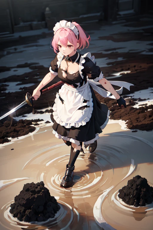 (Ultra-high resolution:1.4)(super high quality:1.4)(detailed:1.4)(Attention to detail), (Ultra-high resolution:1.6)
One girl, cute, Small breasts, White skin, Pink Hair, Classic maid outfit, Normal collar, Leading the way, Sword and Magic, Burning Battlefield, Fierce Battle, Intense Combat, Fighting with a two-handed sword, Large sword, Confronting a formidable opponent, There are scratches or stains, (戦闘でTorn clothes1.6), (Torn clothes:1.4), (Apron torn to shreds:1.6), (Shabby maid), Mud stains all over the body, Burnt and charred, (Tattered Apron:1.4), (Soot stains:1.6), (Covered in mud:1.6), A torn apron, Tattered Apron, Apron that looks like it's about to tear, Slashed Apron, Fighting in rags, (The whole body is dirty:1.4), Mud on the apron,