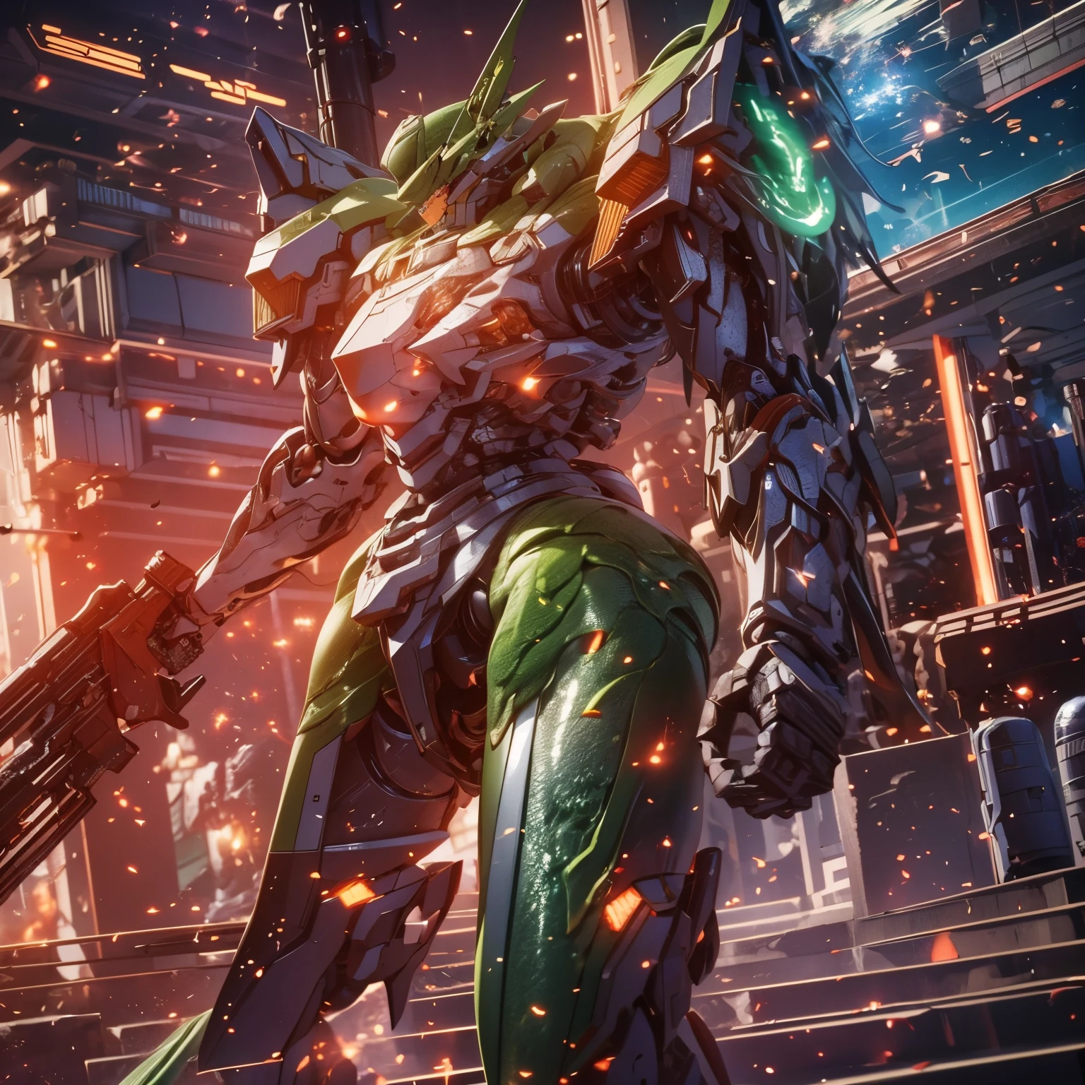 (work of art, best qualityer:1.5).Slender mech holding a medium-sized shotgun. The twig-looking thrusters. (A more rounded and smooth body shape: 2, green snake shield: 1.5). Carried two spare weapons, a closed-barreled shotgun and a heavy-caliber pistol. Extremely detaild, 8K, HDR, naturallight, cinematic lighting, masterpiece-anatomy-perfect, ultra HD, (Space Combat:1.5, Battlefield:1.5), RAW photo, metallic, professional, ultra-fine painting, perfect body proportions, anatomically correct, uhd, real texture material, Anti-Aliasing, FKAA, TXAA, SSAO, Post Processing, Post Production, Tone Mapping, CGI, VFX, SFX, hyper maximalist, Volumetric, ultra photorealultra-detailed intricate details.