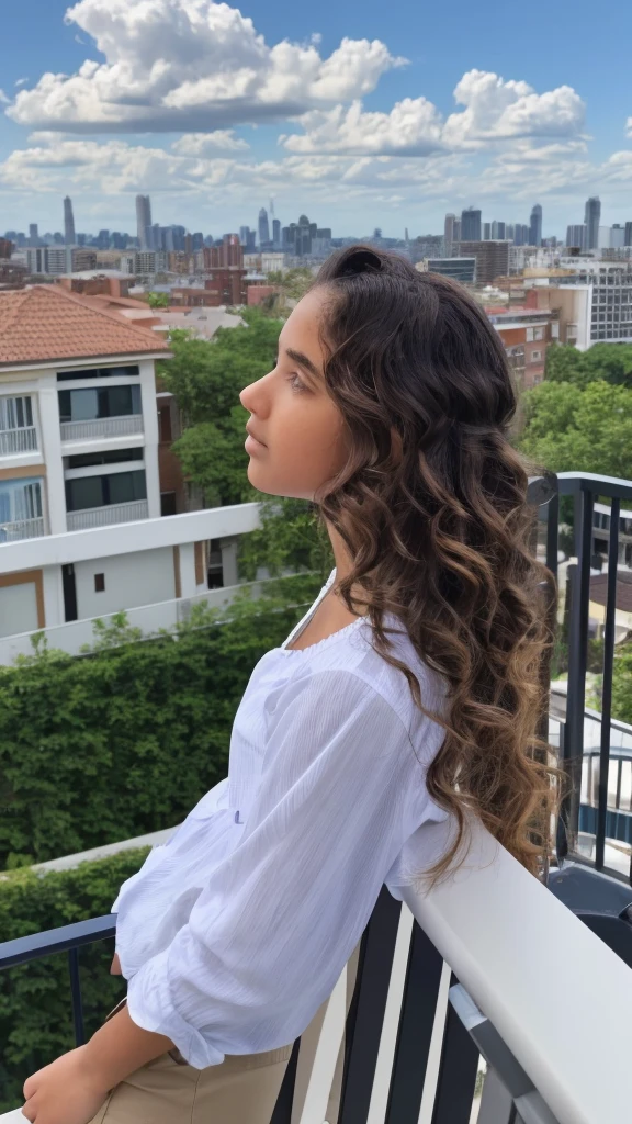 14 year old girl, with wavy hair and honey brown eyes looking at the sky from the side balcony in a city with a beautiful sky, (realist), 8k, Ultra quality, 4K quality