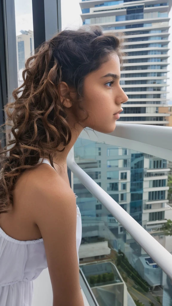 14 year old girl, with wavy hair and honey brown eyes looking at the sky from the side balcony in a city with a beautiful sky, (realist), 8k, Ultra quality, 4K quality