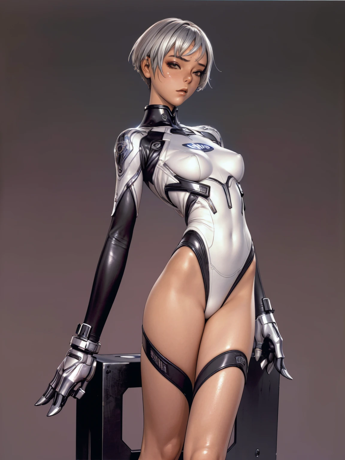 (((Woman))), (((best qualityer))), (((masterpiece))), (((Gynoid))), (((1 girl))), (((metal skin))), (((standing backwards)), (((1 girl))), (((perfect ass))), A futuristic gynoid game girl with high-tech exoskeleton and complex appearance, 18 year old woman with perfect body, clean face, ((( tight clothes in metallic colors ))), (((black look with red and white checkered print ))), Quase nova no estilo selvagem urbano de Hajime sorayama para a capa da revista Heavy Metal, Spectacular futuristic graphics, Minimal clothing, (((metallic black body))), (((from the knee up))), ((( short hair cuts ))), a spaceport in the background, (((self-contrast of the character with the background))), Two-tone lighting, film grain, Cyber world, Acrylic Comix, sorayama