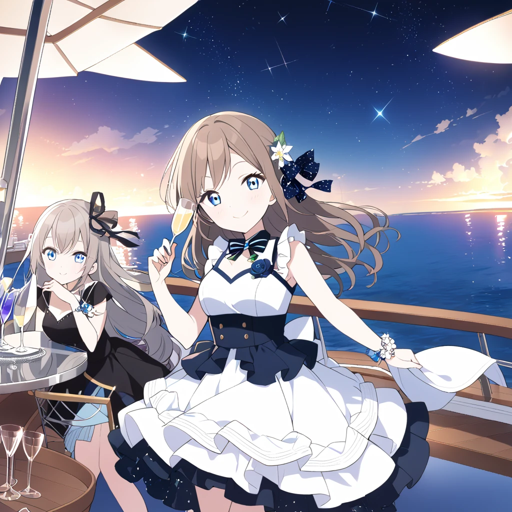 １People Girls　Sakurazaka Shizuku　Brown Hair　Long Hair　Beach　Light blue eyes　Black and white dress　Night view　Starry Sky　Big hair ribbon　smile　Night Cruising　On the boat　Champagne glasses